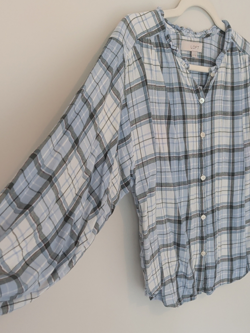 LOFT Blue and White Plaid Ruffled Top - Medium Petite